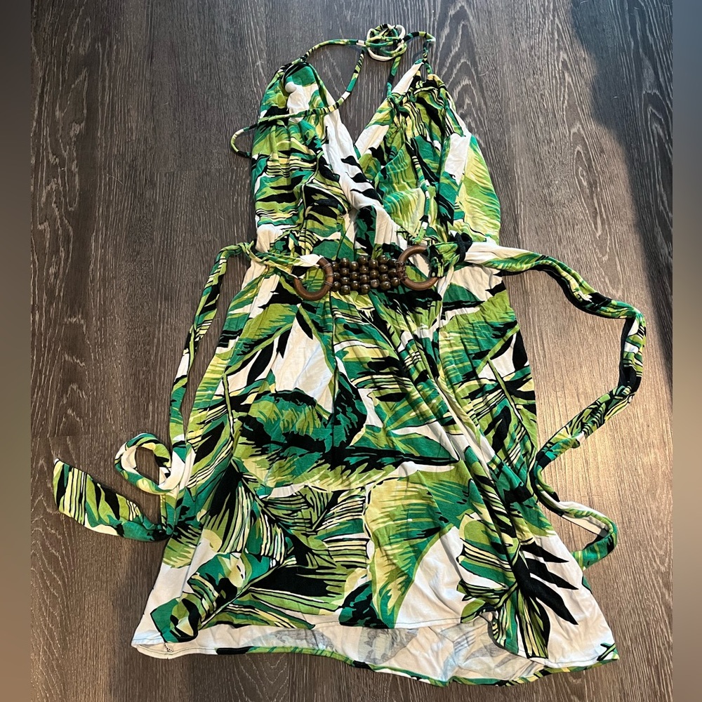 Milly of New York Green | Tropical Belted Halter Dress | Green/White | M